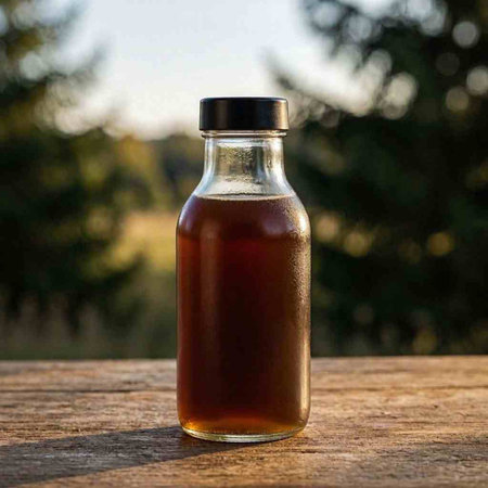 A bottle of honey on a wooden table with a blurred background.