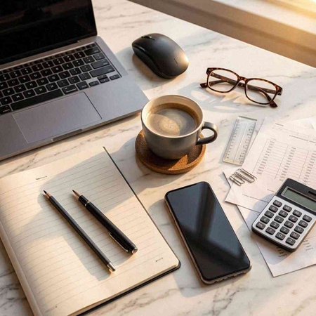 Office desk table with laptop, coffee cup, notebook, calculator, pen, eyeglasses, smartphone and other items
