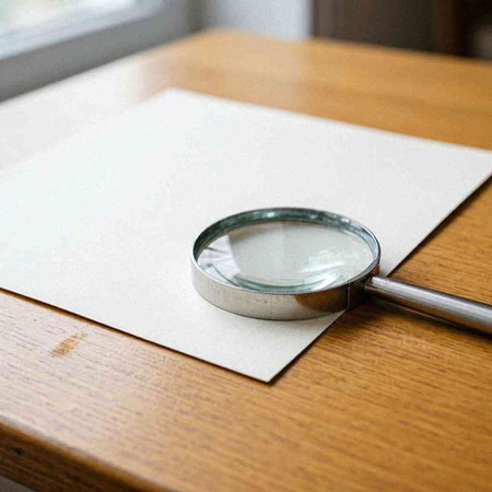 magnifying glass on a white sheet of paper on a wooden table