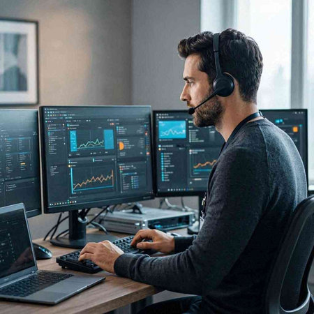 Side view of serious young caucasian man in headset working on multiple computer screens in office.