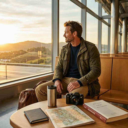 Handsome young man in casual clothes sitting at the table with a cup of coffee and a map.