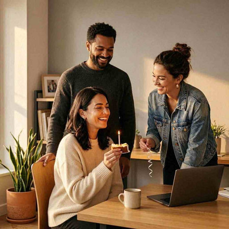 Group of friends celebrating birthday together at home. Cheerful african american man and caucasian woman sitting at table with cake and laptop.