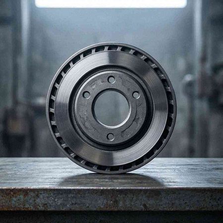 Brake disc on a workbench in a factory. Auto service industry.