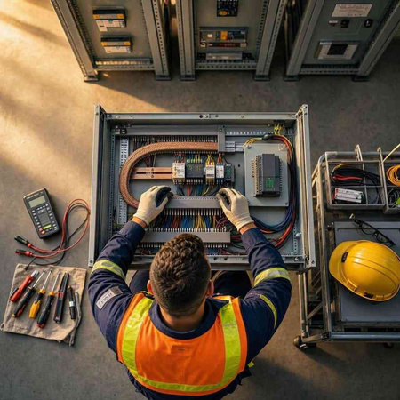 High angle view of electrician repairing fuse box in a power plant
