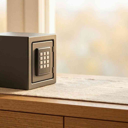 Safe box on a wooden table in front of the window. Security concept.