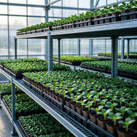 Plantation of young seedlings in a greenhouse. Selective focus.