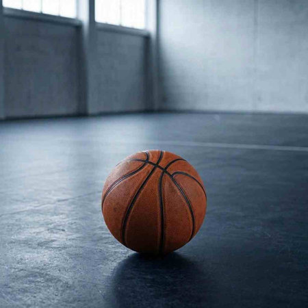 Basketball ball on the floor of an empty basketball court with copy space