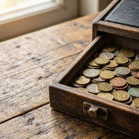Coins in a vintage wooden box on a rustic wooden table