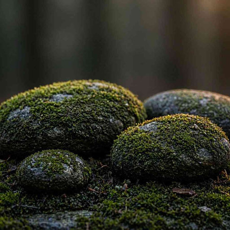 Stones covered with moss in the forest. Selective focus.