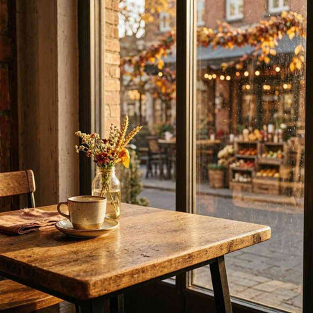A cup of coffee on a wooden table in a cafe on the street