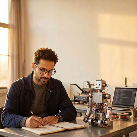 Portrait of young man writing in notebook while sitting at table with robotic arm