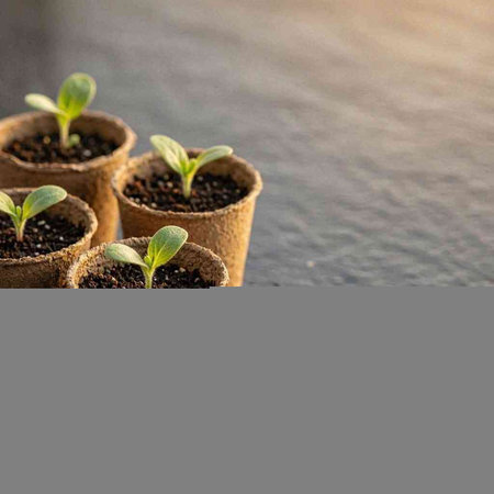 Small seedlings of cucumber in peat pots on a black background