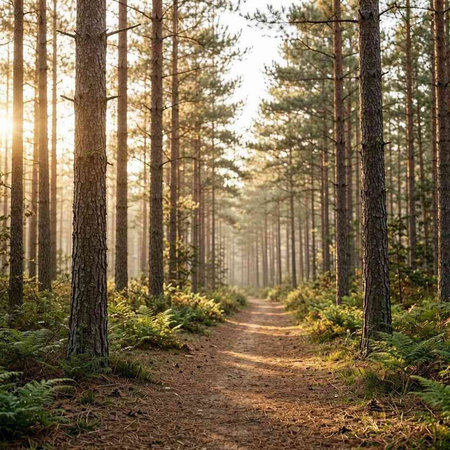 Path in the pine forest in the morning. Sun rays through the trees.