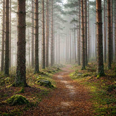 Path in the pine forest in the morning mist. Landscape.