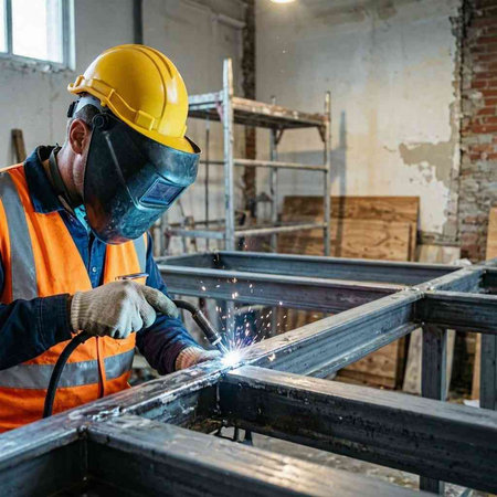 Worker in protective clothing and helmet welding steel frames at construction site