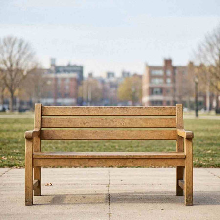 Wooden bench in the park on the background of the city.