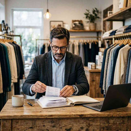 Mature man in eyeglasses sitting at desk in clothing store and checking documents