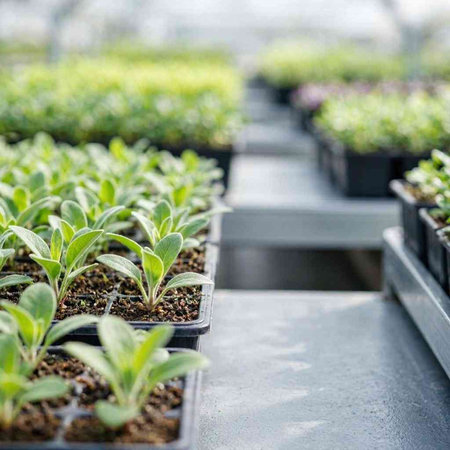 Plantation of small seedlings in pots in a greenhouse.