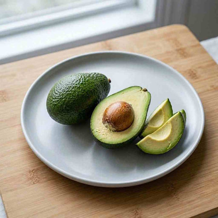 Avocado on a white plate on a wooden table in the kitchen