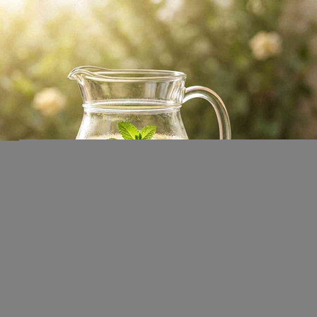 Lemonade with mint leaves in a jug on a blurred background