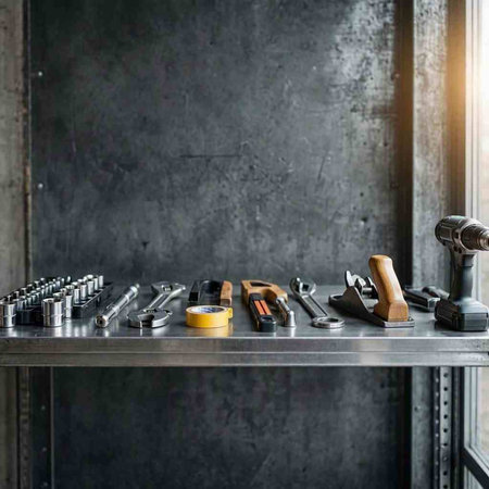 A set of carpenter tools on a shelf in the workshop.