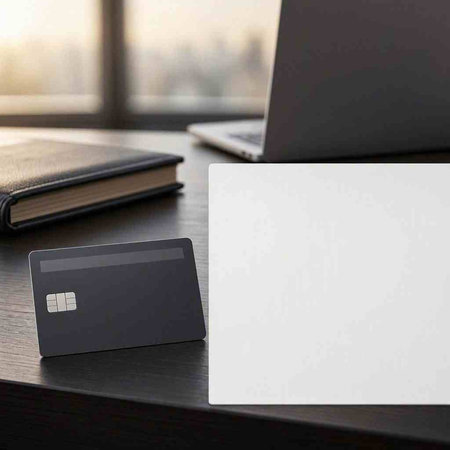 Credit Card On Desk With Laptop And Notebook, Mockup