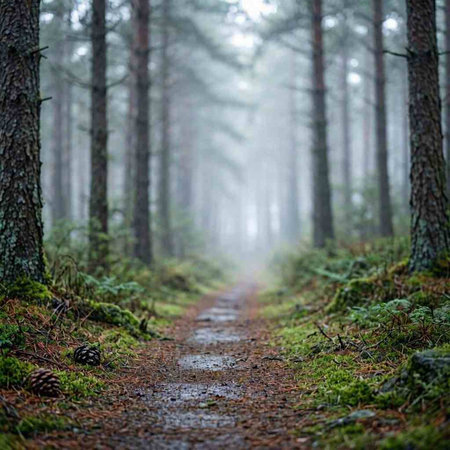 Pathway through the evergreen forest in a mysterious morning fog. Pine, spruce, fir trees close-up. Atmospheric landscape. Nature, environmental conservation, ecology, ecotourism