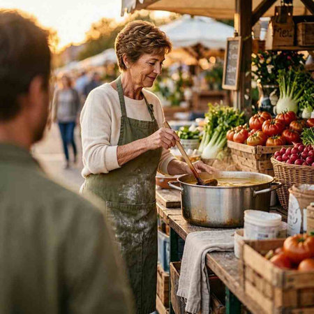Mature woman buying fresh vegetables at local farmers market, smiling and looking at camera.