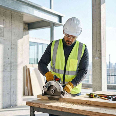Carpenter using a circular saw at a construction site. Construction industry.
