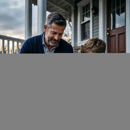 Father and son on the porch of their home. Concept of friendly family.