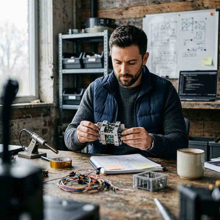 Young man in a workshop repairing a broken computer. Repair and technology concept.