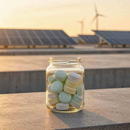 Pills in a jar against the background of solar panels and wind turbines