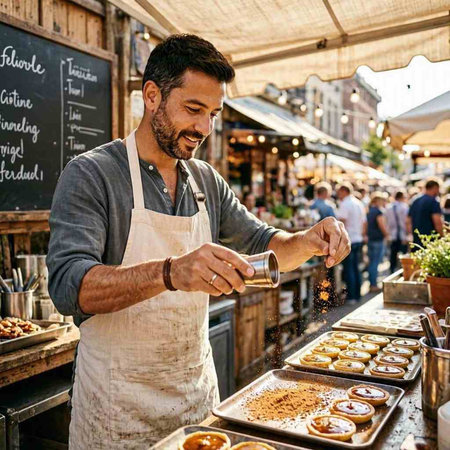 Man in apron at a street food stall making homemade cakes.
