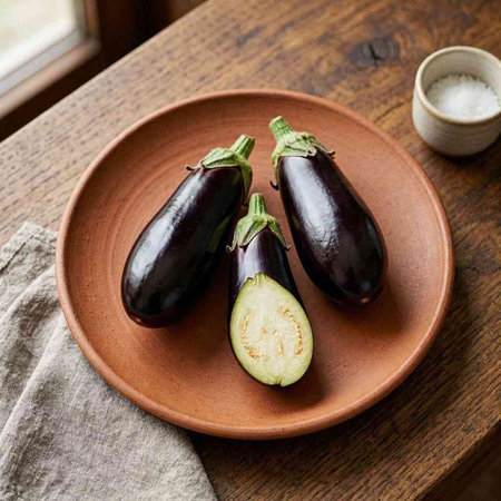 Eggplant or aubergine in clay plate on wooden table