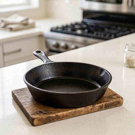 A black cast iron frying pan on a wooden board on a white kitchen countertop