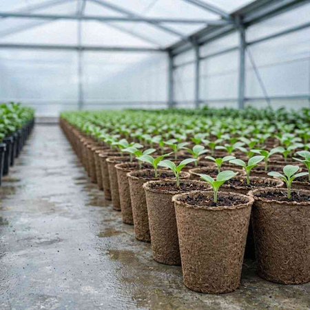 Young seedlings of pepper in peat pots in a greenhouse.