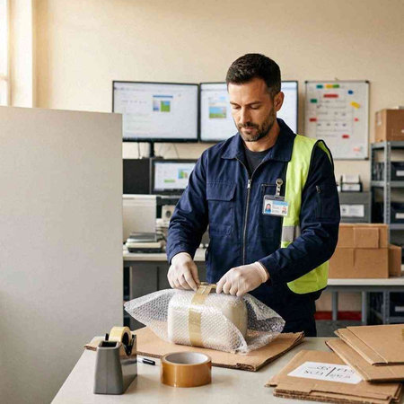 Portrait of a male worker packing a package in a warehouse.