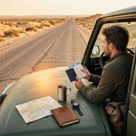 Traveler with a map and a cup of coffee on the road