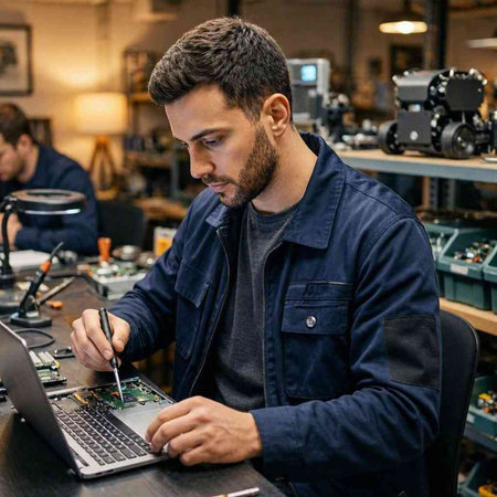 Engineer repairing laptop computer in workshop. Industrial and technology concept.
