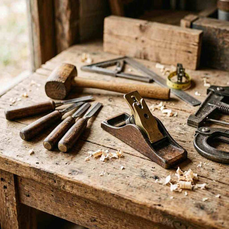 Carpenter's tools on the workbench in his workshop.