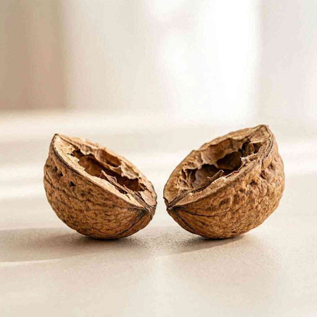 Two halves of a walnut on a white background, close-up