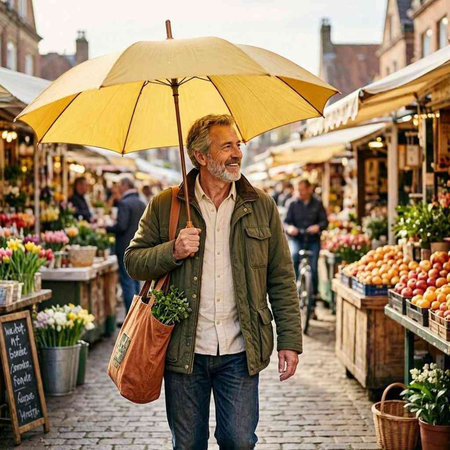 Senior man with umbrella at the street market in Bruges, Belgium.