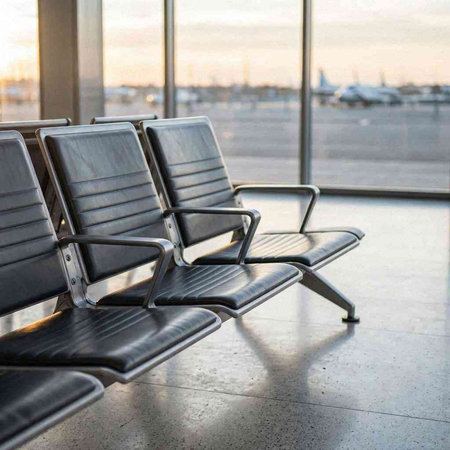 Airport waiting area with rows of chairs in front of the window