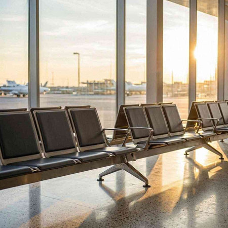 Empty seats in the airport terminal at sunset. Concept of travel.