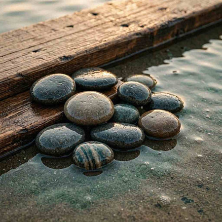 Pebbles on a wooden pier in the water at sunset.