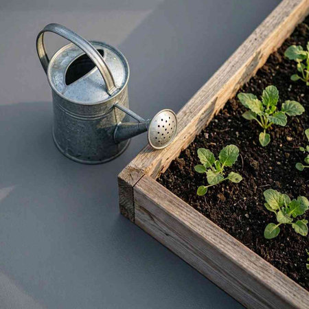 Watering can and seedlings in a wooden box on a gray background