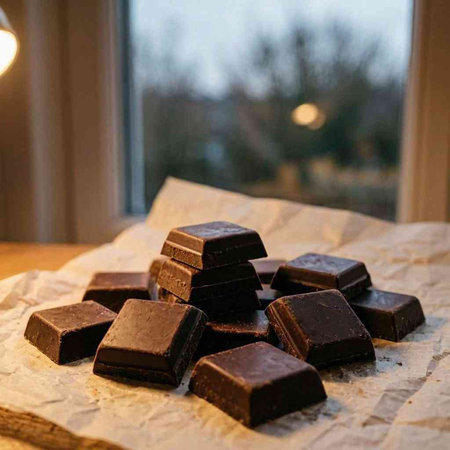 Homemade dark chocolate bars on a baking paper. Selective focus.