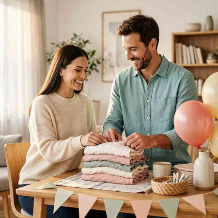 Couple at home preparing for a baby shower, man and woman holding baby clothes