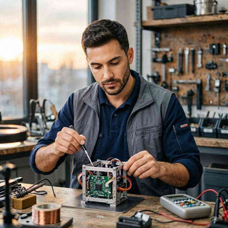 Technician repairing a microcircuit in his workshop. Technology concept.