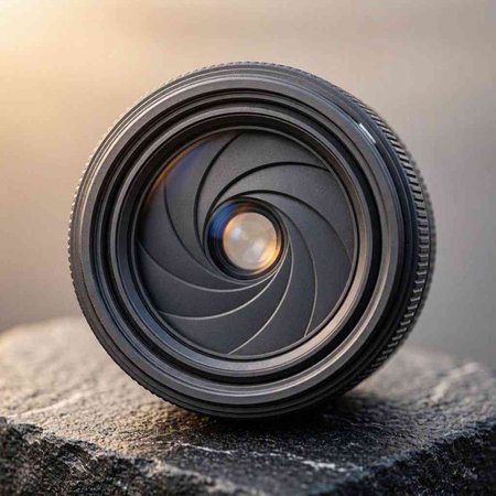 Close-up of a photo camera lens on a gray background.